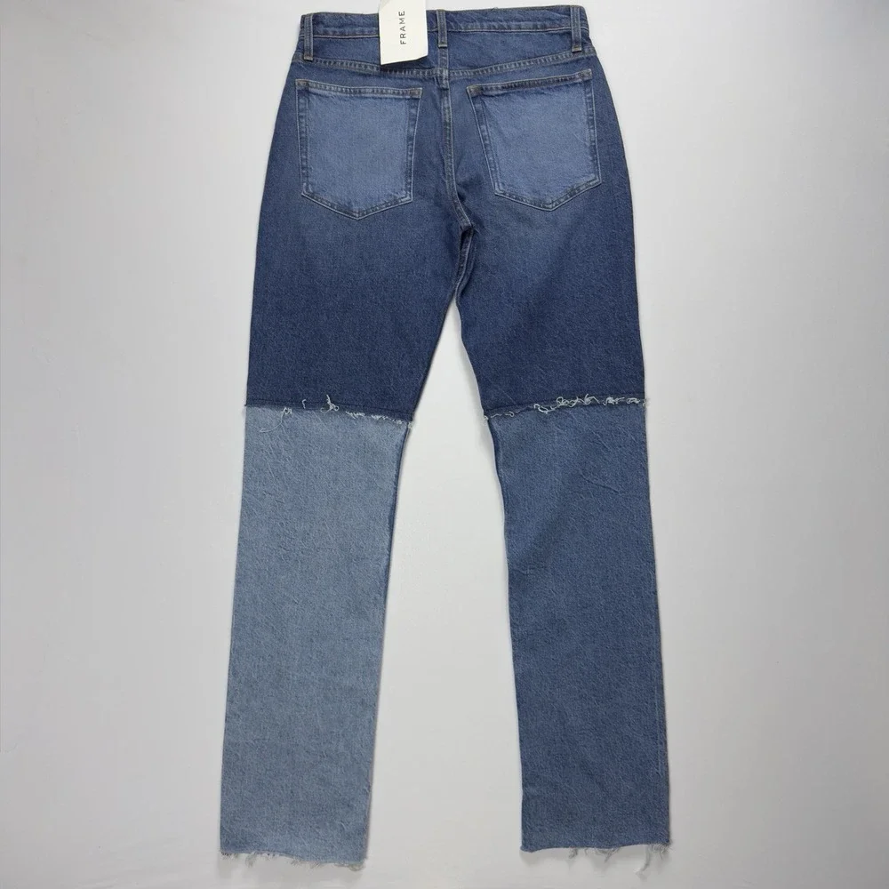 FRAME Womens Two-Tone Patchwork Straight Leg Jeans Raw Hem Denim Color Block  26 - Picture 8 of 15